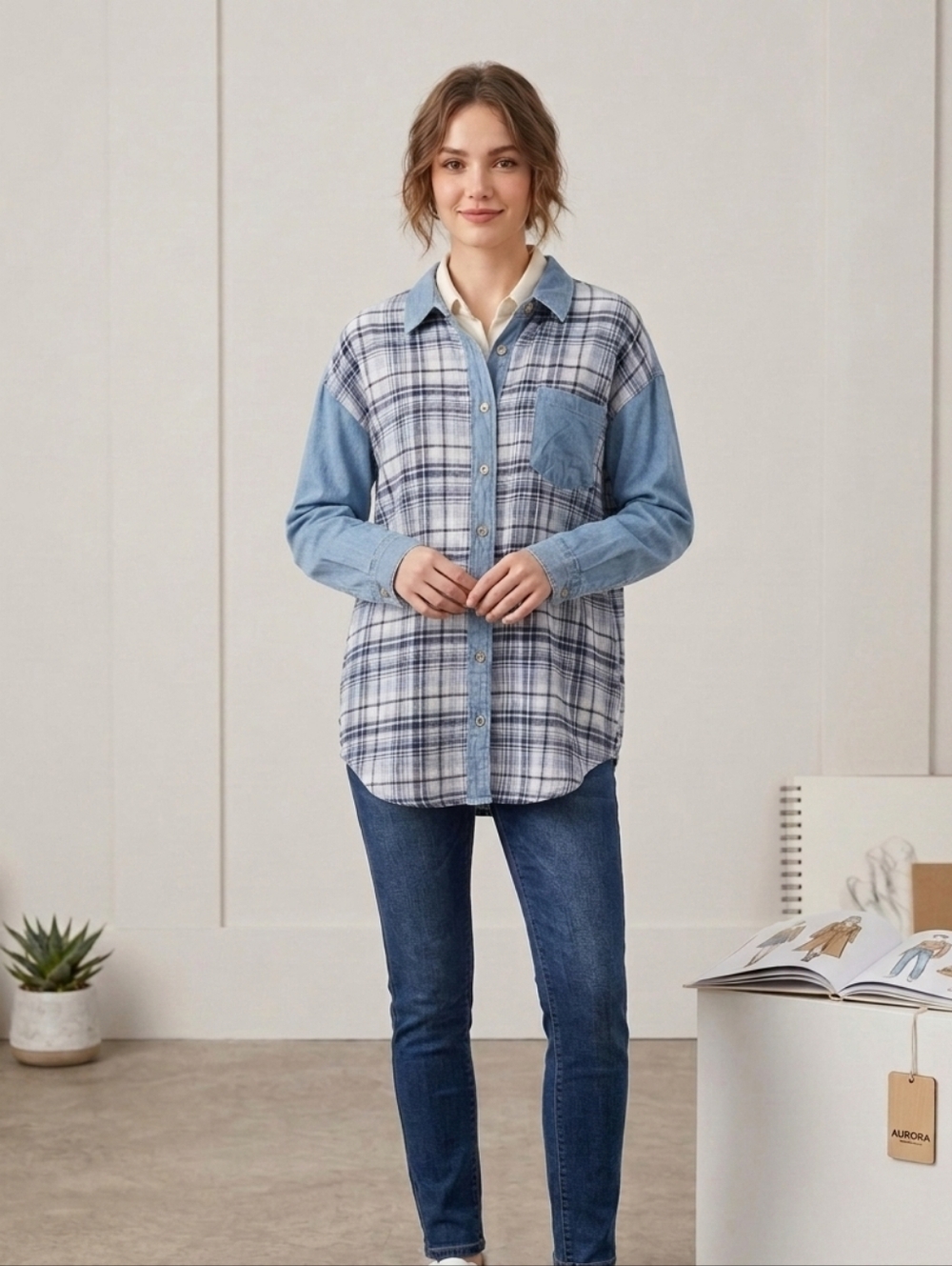Maurices Blue & White Plaid Button-Down Shirt with Chambray Details